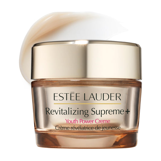 Estée Lauder Revitalizing Supreme+ bottle closeup with premium packaging and hydration cue