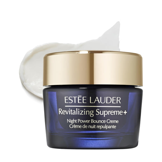 Estee Lauder Revitalizing Supreme+ Night Power Bounce Cream jar shows transforming texture for a weightless application.